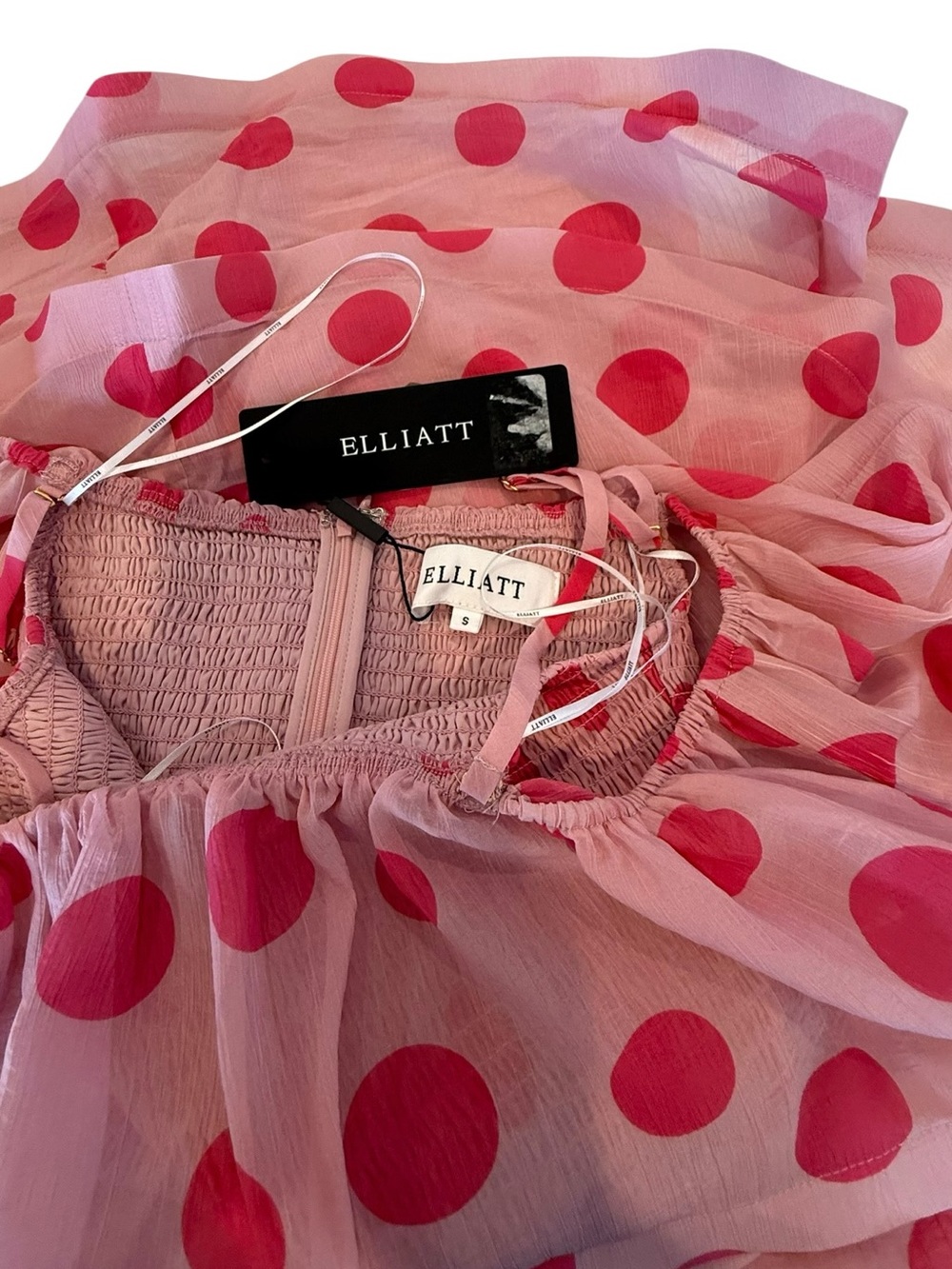 NWT ELLIATT Sola Georgette Polka Dot Off-The-Shoulder Pink Mini Dress $298 - Picture 10 of 13